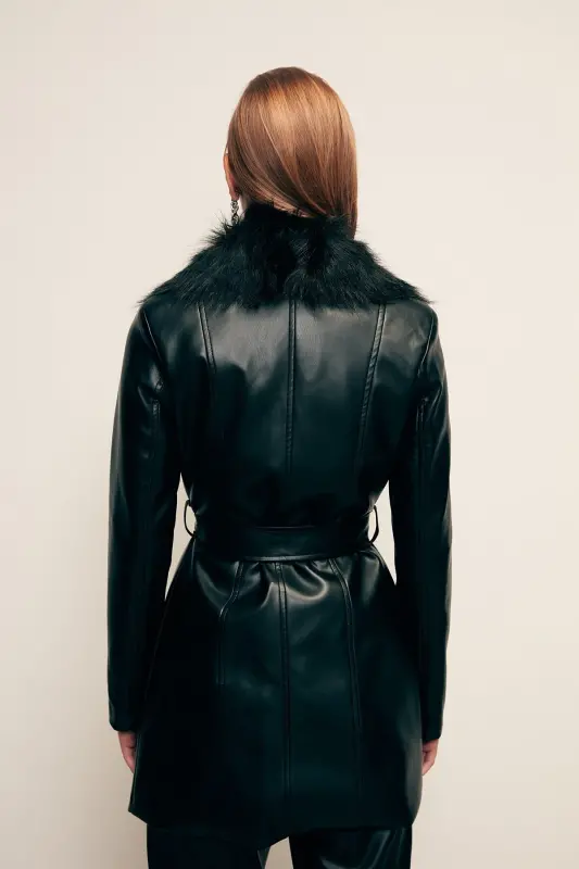 Kürk Detaylı Deri Ceket - Siyah-SİYAH - 8