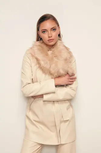 Kürk Detaylı Deri Ceket - Taş-TAŞ - 3