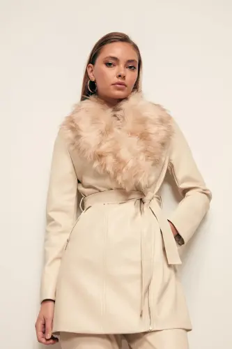 Kürk Detaylı Deri Ceket - Taş-TAŞ - SATEEN (1)