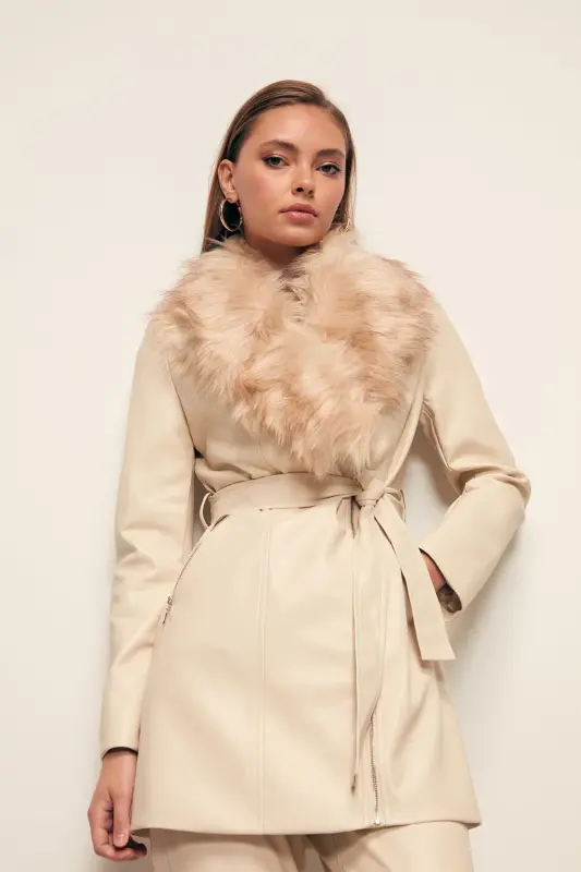 Kürk Detaylı Deri Ceket - Taş-TAŞ - 2