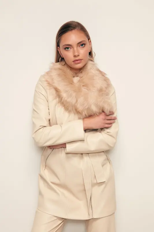 Kürk Detaylı Deri Ceket - Taş-TAŞ - 3