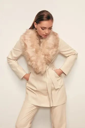 Kürk Detaylı Deri Ceket - Taş-TAŞ - 4