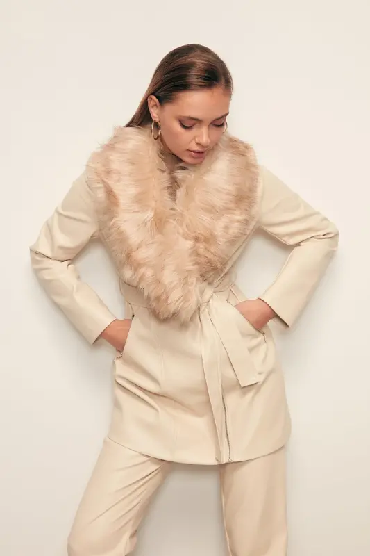 Kürk Detaylı Deri Ceket - Taş-TAŞ - 4