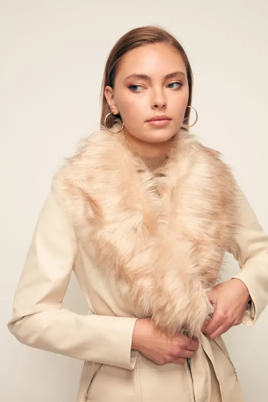 Kürk Detaylı Deri Ceket - Taş-TAŞ - 6