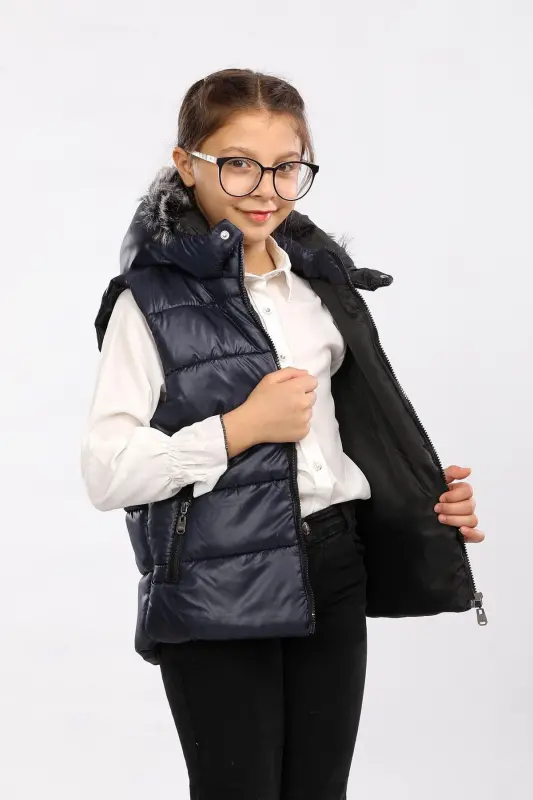 Kürk Kapüşonlu Çocuk Şişme Yelek Lacivert AVM07273-Lacivert - GO VEFORM