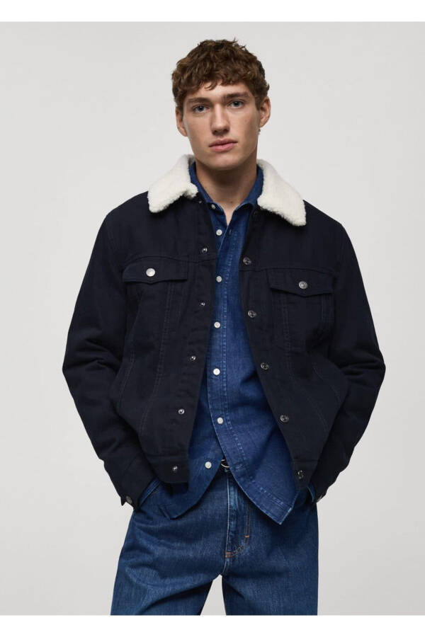 Kürk yakalı denim mont - Lacivert - 1