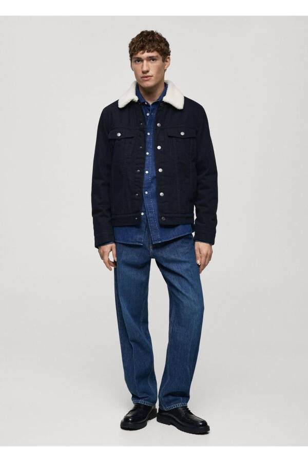 Kürk yakalı denim mont - Lacivert - 2