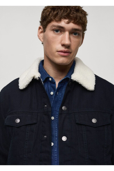 Kürk yakalı denim mont - Lacivert - 7