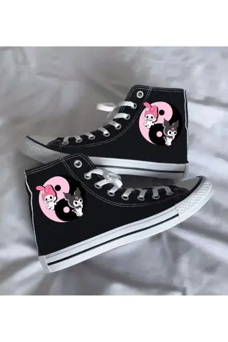 Kuromi And My Melody Printed Black Ankle High Sports Shoes Kids Sneaker-BLACK PINK 