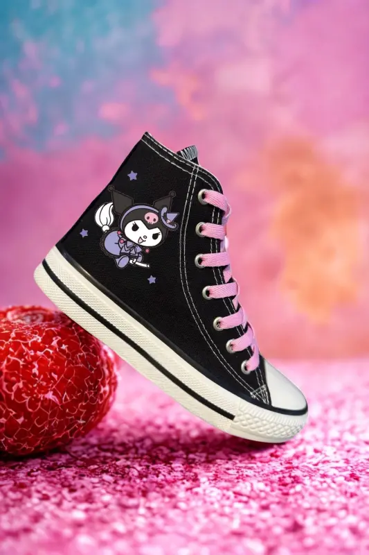 Kuromi Printed, Pink Laced, Black Ankle Sports Shoe Kid Sneaker-Black - LEVENT ÖZCAN