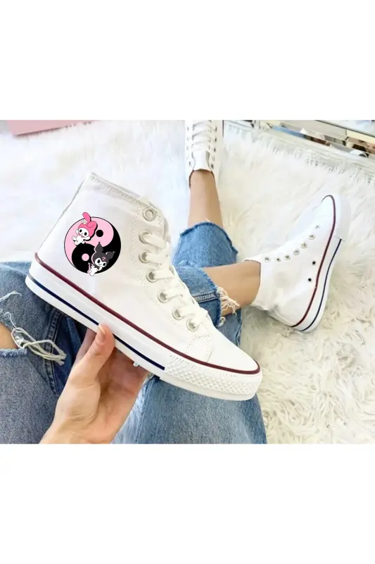 Kuromi Ve My Melody Ying Yang Baskılı Beyaz Bilekli Spor Ayakkabı Çocuk Sneaker - Beyaz-Ying Yang - 1