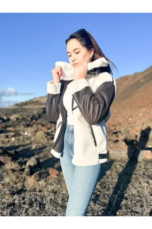 Куртка-байкер укороченная из искусственной замши с искусственным мехом внутри - ЧЕРНЫЙ - 7