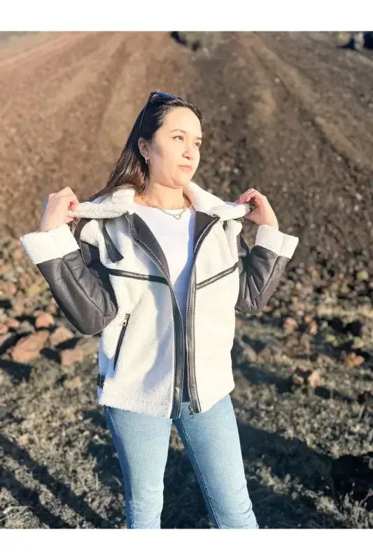 Куртка-байкер укороченная из искусственной замши с искусственным мехом внутри - ЧЕРНЫЙ - 8