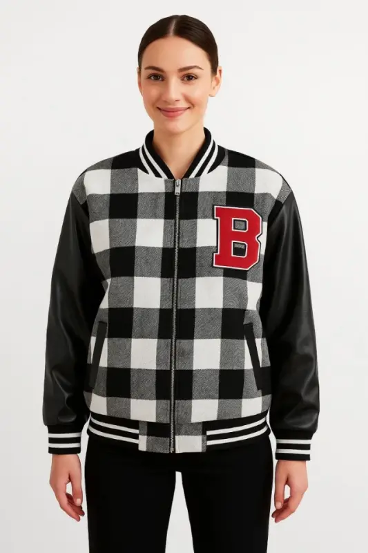 Куртка-бомбер в стиле лесоруба с рукавами из искусственной кожи и подкладкой - серая - 3