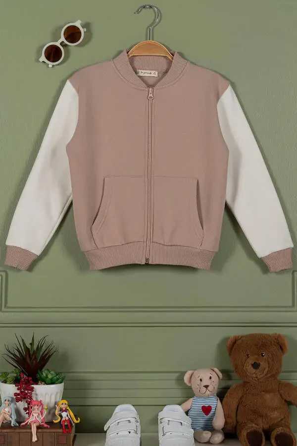 Куртка для девочек с капюшоном, карманом-кенгуру и молнией, бежевого цвета - 1