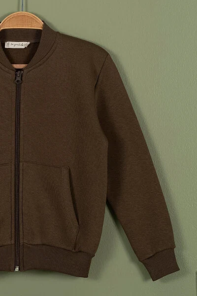 Куртка для девочек с карманом кенгуру на молнии, коричневого цвета - 4