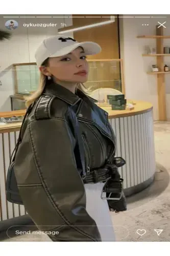 Куртка-косуха кожаная oversize с поясом цвета хаки - зеленая - 3