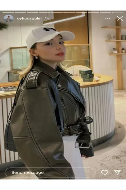 Куртка-косуха кожаная oversize с поясом цвета хаки - зеленая - 3