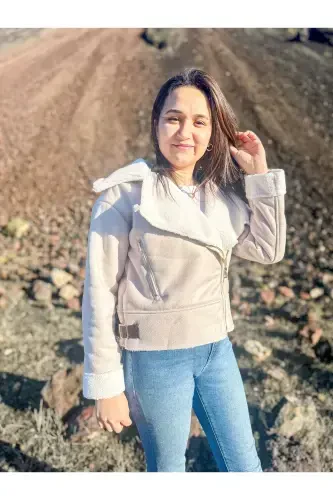 Куртка-косуха укороченная из искусственной замши с искусственным мехом - бежевый - 5