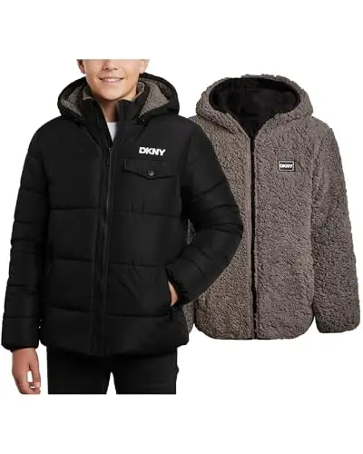 Куртка-пуховик для мальчиков DKNY - Двустороннее детское зимнее пальто на молнии с капюшоном - Верхняя одежда для мальчиков 