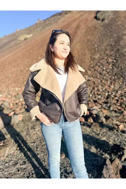 Куртка укороченная из искусственной замши с искусственным мехом внутри - ЧЕРНЫЙ - ARV MODA FASHİON THAT İNSPİRES