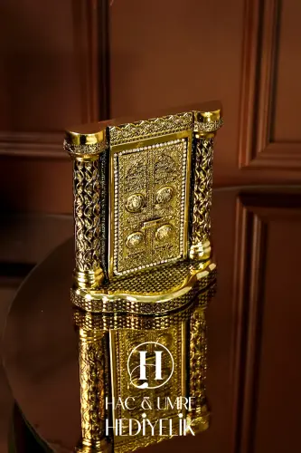 Kurumsal Hediye Dini Manevi Islami Dekoratif Biblo Masaüstü Hediyelik Obje Sütunlu Kabe Kapısı Süs - GOLD - HUH HAC & UMRE HEDIYELIK (1)