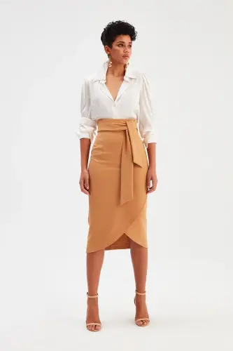 Kuşaklı Kalem Etek - Camel-CAMEL - SATEEN (1)