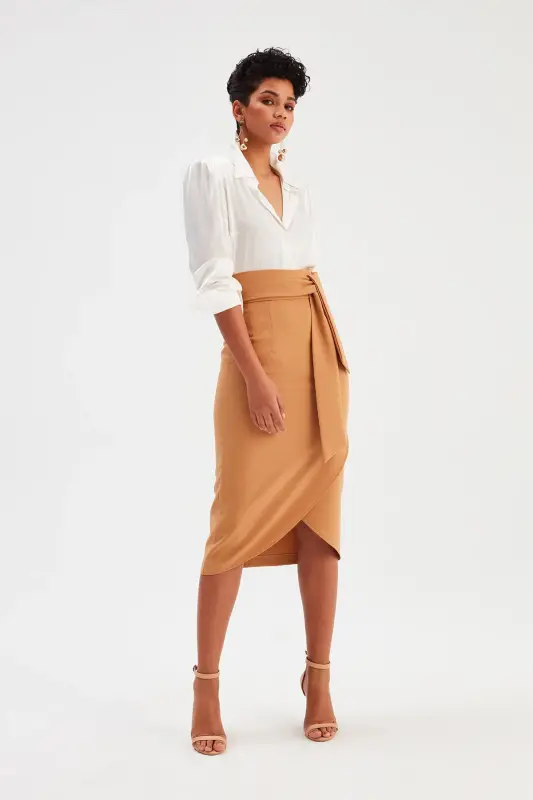 Kuşaklı Kalem Etek - Camel-CAMEL - SATEEN