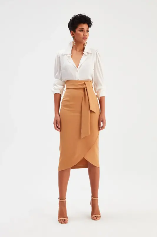 Kuşaklı Kalem Etek - Camel-CAMEL - 2