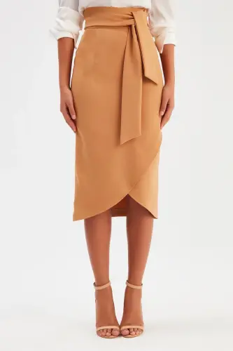 Kuşaklı Kalem Etek - Camel-CAMEL - 3