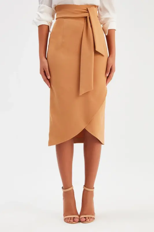 Kuşaklı Kalem Etek - Camel-CAMEL - 3