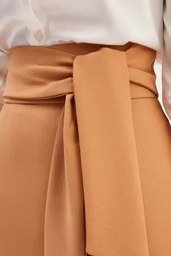 Kuşaklı Kalem Etek - Camel-CAMEL - 4