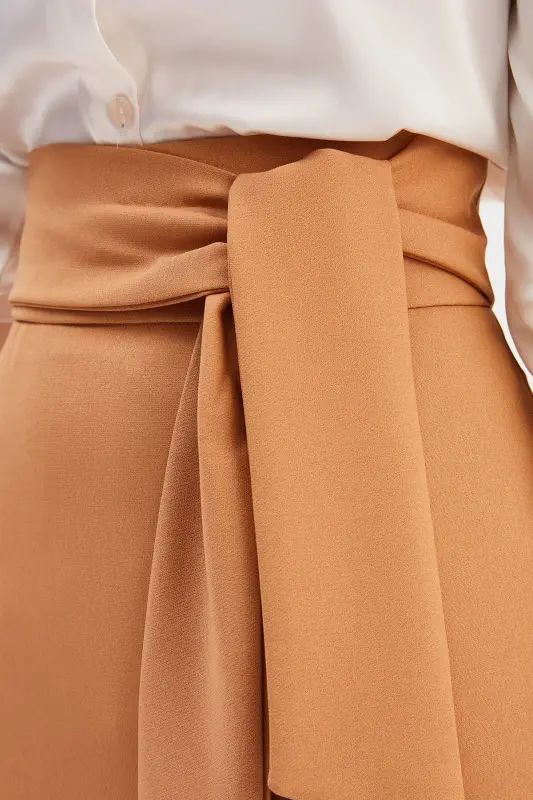 Kuşaklı Kalem Etek - Camel-CAMEL - 4