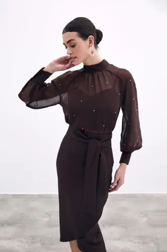 Kuşaklı Kalem Etek - Kahve - KAHVE - 3