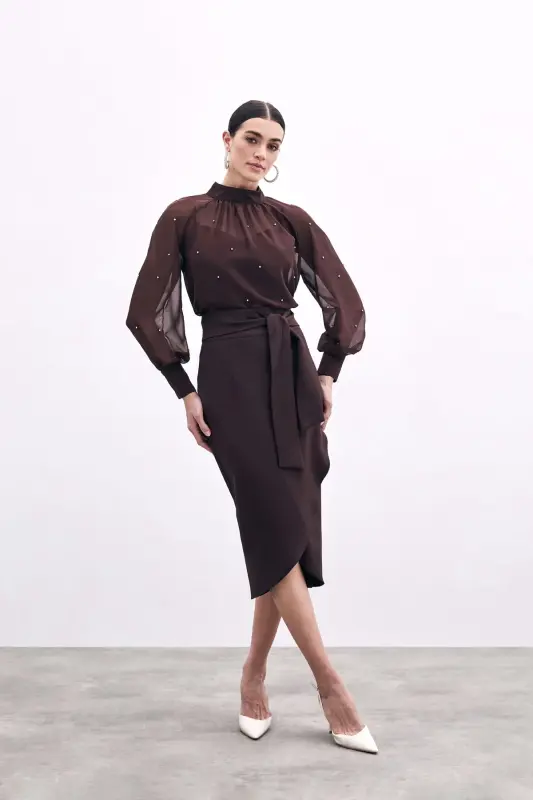 Kuşaklı Kalem Etek - Kahve-KAHVE - 1