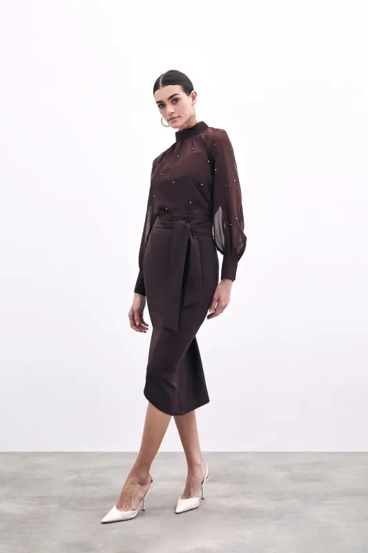 Kuşaklı Kalem Etek - Kahve-KAHVE - 2