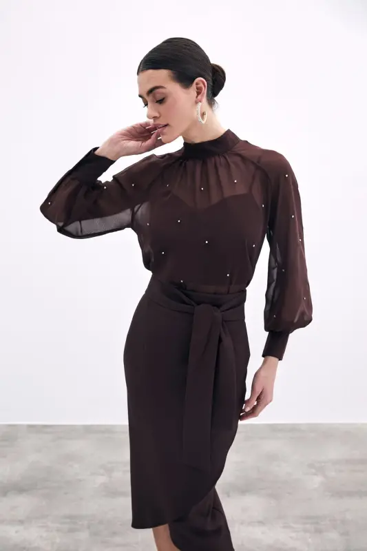 Kuşaklı Kalem Etek - Kahve-KAHVE - 3