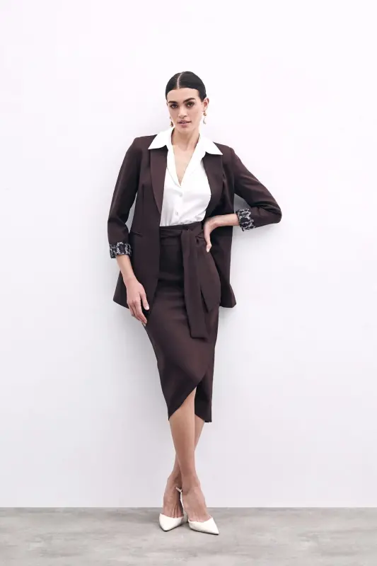 Kuşaklı Kalem Etek - Kahve-KAHVE - 4