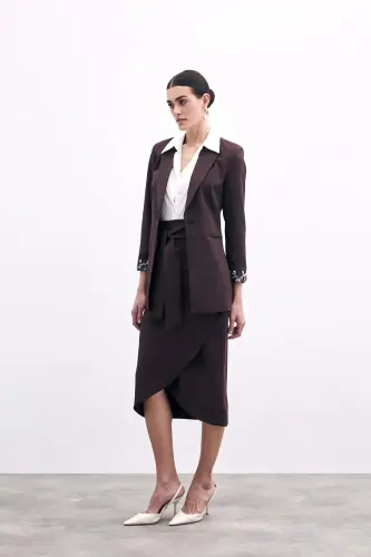 Kuşaklı Kalem Etek - Kahve-KAHVE - 5