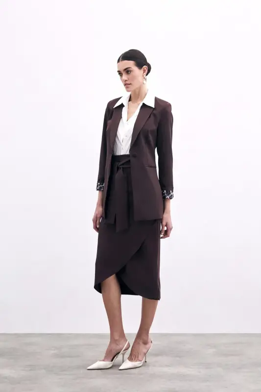 Kuşaklı Kalem Etek - Kahve-KAHVE - 5