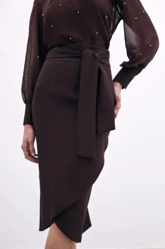 Kuşaklı Kalem Etek - Kahve-KAHVE - 6