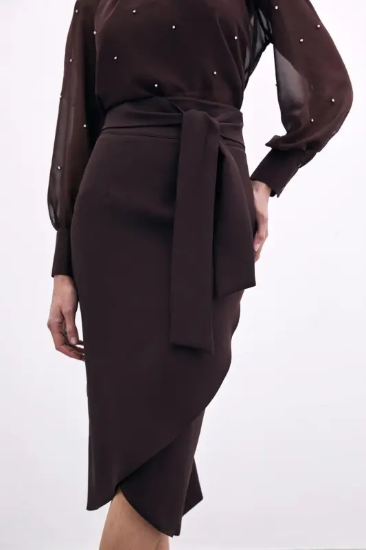 Kuşaklı Kalem Etek - Kahve-KAHVE - 6