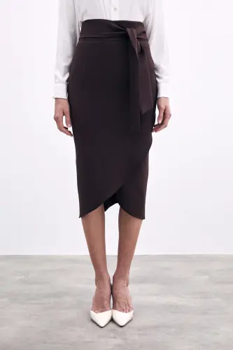 Kuşaklı Kalem Etek - Kahve-KAHVE - 7