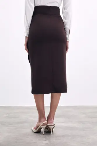 Kuşaklı Kalem Etek - Kahve-KAHVE - 8