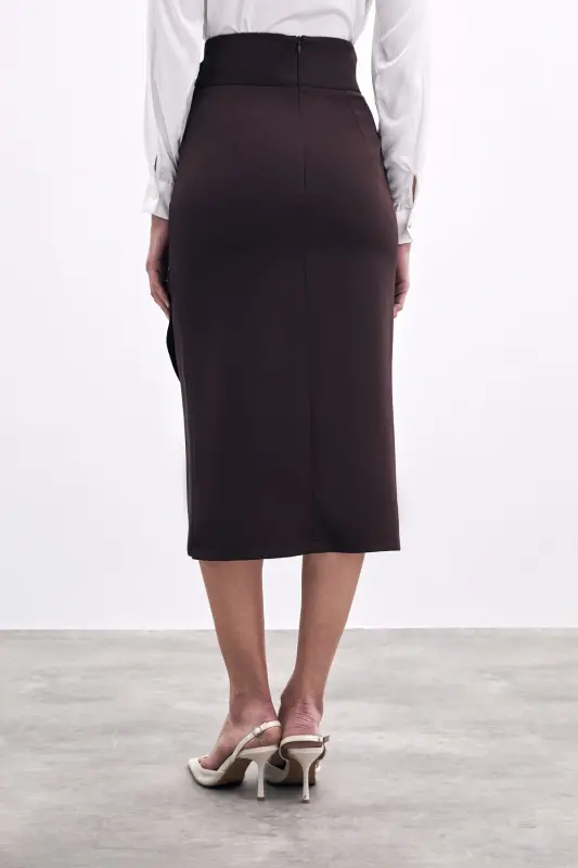 Kuşaklı Kalem Etek - Kahve-KAHVE - 8