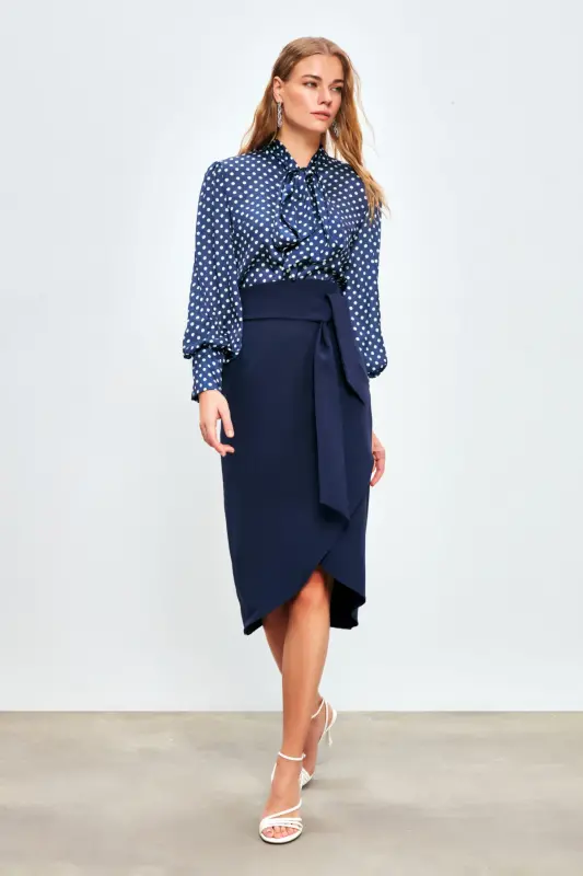 Kuşaklı Kalem Etek - Lacivert-LACİVERT - SATEEN