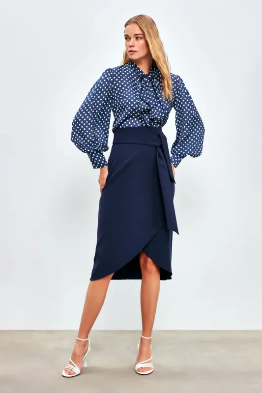 Kuşaklı Kalem Etek - Lacivert-LACİVERT - 2