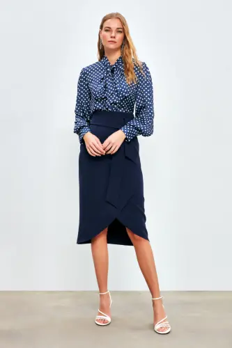 Kuşaklı Kalem Etek - Lacivert-LACİVERT - 4