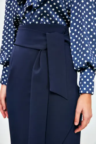 Kuşaklı Kalem Etek - Lacivert-LACİVERT - 6