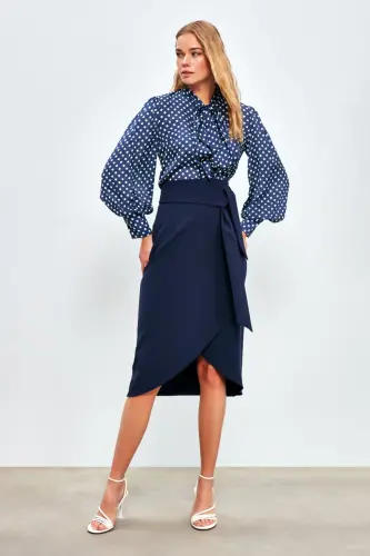 Kuşaklı Kalem Etek - Lacivert-LACİVERT - SATEEN (1)